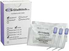 GluStitch wound closure kit with box, sterile ampoules, and medical packaging