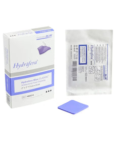 Hydrofera Blue antibacterial foam dressing 2x2 inch, box, sterile packet, and blue pad
