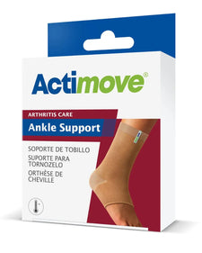 Actimove ankle support box for arthritis care, beige compression sleeve shown on ankle