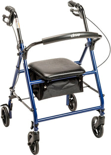 Blue four-wheel rollator walker with seat, padded backrest, and storage pouch for mobility aid