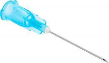 Sterile hypodermic needle with blue plastic hub for medical injections and IV therapy