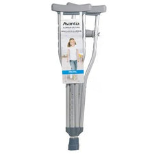Pair of adjustable aluminum crutches for mobility support, packaged with product label.