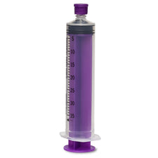 Purple 35mL medical syringe with measurement markings, used for home care or medical supplies