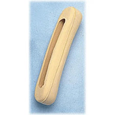 Beige foam leg or arm support cushion for medical and home care use on blue background.