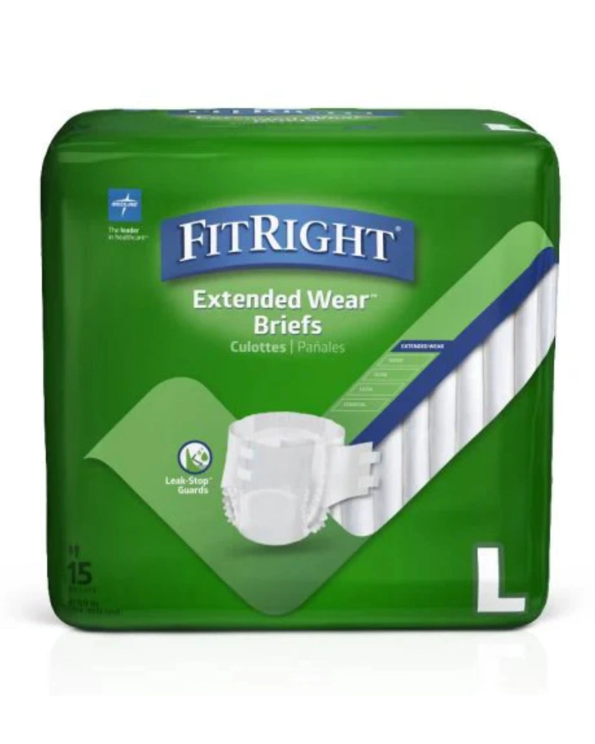 FitRight Extended Wear Briefs adult diapers package, large size, 15 count, green packaging