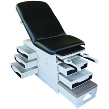 Black and white adjustable medical exam table with multiple storage drawers and pull-out steps