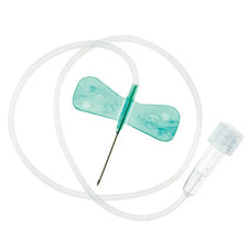 Butterfly needle with green wings and tubing for IV or blood collection