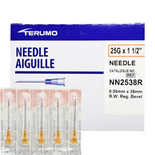 Box of 25G x 1.5 inch Terumo medical needles with individually packed sterile needles