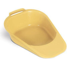 Yellow plastic bedpan with handle, medical incontinence and home care supply