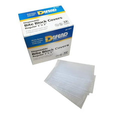 Disposable bite block covers for dental supplies, box of 300 with clear covers visible