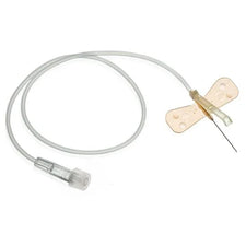Butterfly winged infusion set with clear tubing and yellow grip for IV access