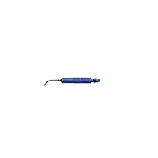 Blue ultrasonic dental scaler insert with curved metal tip on white background