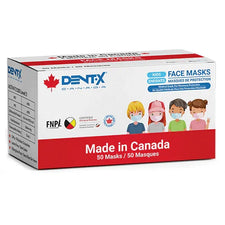 Box of DentX pink ASTM Level 3 kids face masks, 50 count, for ages 4-12, made in Canada