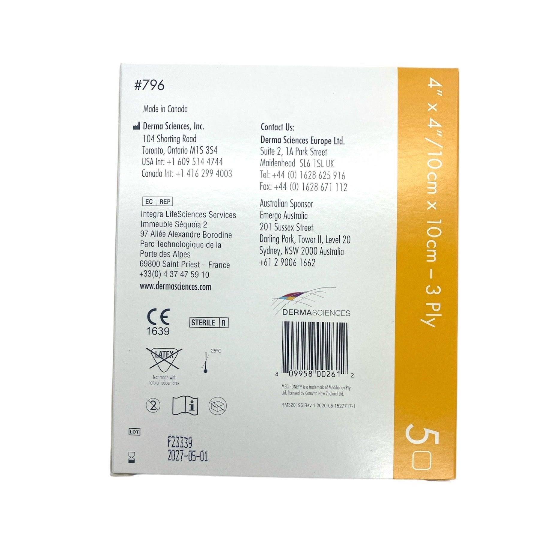 Derma Sciences Medi Honey Antibacterial Honey Tulle Dressing, 4"x 4"/ 10cm x 10cm| Box Of 5