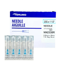 Box of Terumo 23G x 1.5 inch medical needles with five individually packed sterile needles