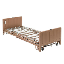 Full electric low height hospital bed with brown frame and remote on wheels