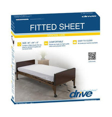 Drive Medical fitted sheet packaging showing a white fitted sheet on a hospital bed, size 36 x 84 x 8 inches.