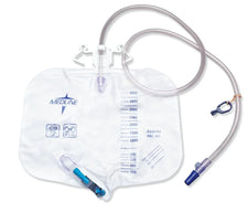 Sterile urinary drainage bag with graduated measurement markings and attached tubing