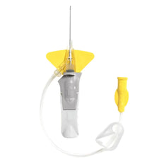 Butterfly IV catheter with yellow safety wings and tubing on white background, medical supply
