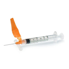 Sterile safety syringe with orange needle cap and clear graduated barrel
