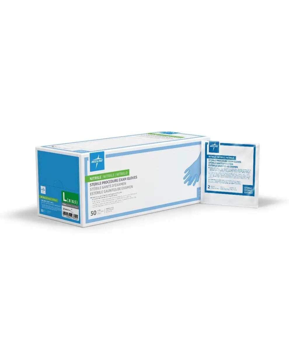 Medline Sterile Powder-Free Nitrile Exam Glove, Extended Cuff, 12" (30.5 cm), Blue, Large | MDS198416