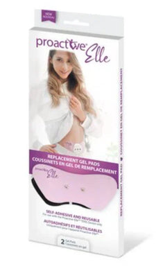 ProActive Elle replacement gel pads box with woman applying pad to abdomen, self-adhesive, reusable.