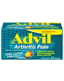 Advil Arthritis Pain relief capsules box, 400mg ibuprofen, 45 long lasting liqui-gels