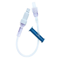 IV administration set tubing with needleless connector for medical use on white background