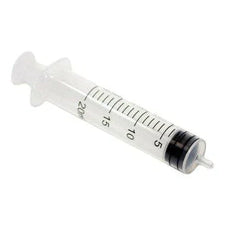 20ml clear plastic medical syringe with measurement markings, isolated on white background
