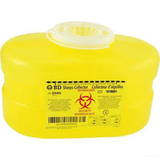 Yellow BD sharps collector container for biomedical waste and needle disposal with biohazard label
