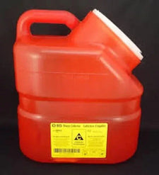 Red plastic sharps container with handle and biohazard label for safe medical waste disposal
