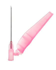 Pink safety needle with protective cover for medical or home care use on white background