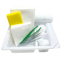 Sterile medical dressing kit with tweezers, gauze pads, cotton balls, and tray