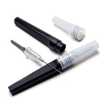 Insulin pen needles and protective caps on white background, medical injection supplies