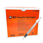 BD insulin syringes 1mL with box, sterile medical supply, orange and white packaging