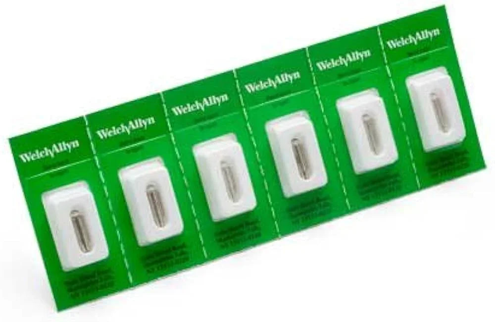 Welch Allyn medical replacement bulbs in green blister pack, six individually sealed units