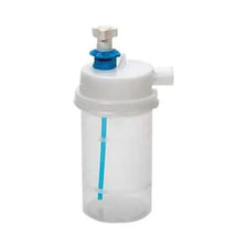 Medical oxygen humidifier bottle with white lid and blue tube, respiratory care supply