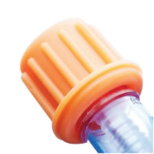 Orange medical IV connector cap for intravenous line, close-up on white background