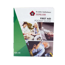 First aid pocket guide with emergency response images on cover, medical supplies reference