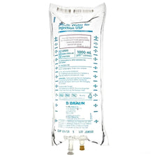 Sterile water for injection 1000mL IV bag, clear medical fluid pouch with blue label markings