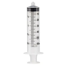 60ml medical syringe with clear barrel and black measurement markings, no needle attached