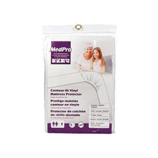 Contour-fit vinyl mattress protector in retail packaging for home care and medical use