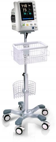 Digital vital signs monitor on a rolling stand with baskets, used for patient care