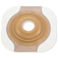 Beige adhesive ostomy barrier with central hole for stoma care, medical supply product