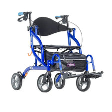Lightweight blue rollator transport chair with four wheels, padded seat, and storage bag