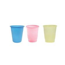 Three disposable plastic cups in blue, pink, and yellow on a white background