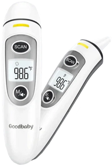 Digital infrared ear and forehead thermometer with LCD display showing 98.6°F