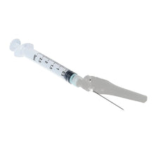 Sterile medical syringe with needle and safety cap, isolated on white background