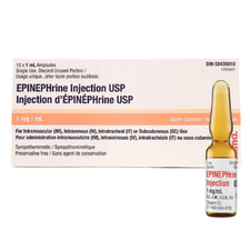 Epinephrine injection USP 1mg/mL ampoule and box for emergency medical use