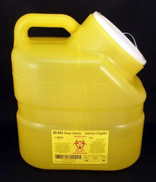 Yellow BD sharps collector container for safe needle disposal with biohazard label
